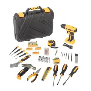 146-Piece Drill Set with 8V Yellow Cordless Drill, Home Tool Kit with Drill, House Repairing Hand Tool Kits with Portable Case