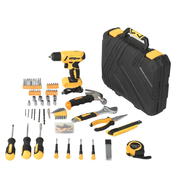146-Piece Drill Set with 8V Yellow Cordless Drill, Home Tool Kit with Drill, House Repairing Hand Tool Kits with Portable Case - Image 2