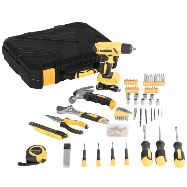146-Piece Drill Set with 8V Yellow Cordless Drill, Home Tool Kit with Drill, House Repairing Hand Tool Kits with Portable Case - Image 3