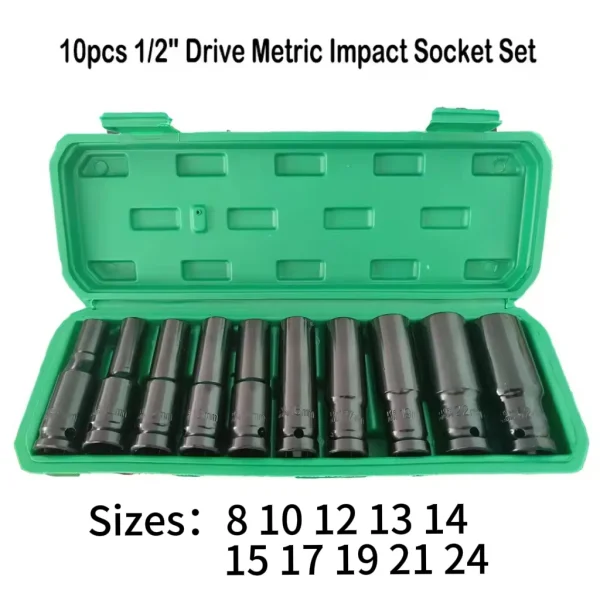 10pcs 1/2" Drive Metric Impact Socket Set Universal Socket Metric Drive Deep Socket Set Wrench for Air Pneumatic Repair Tools